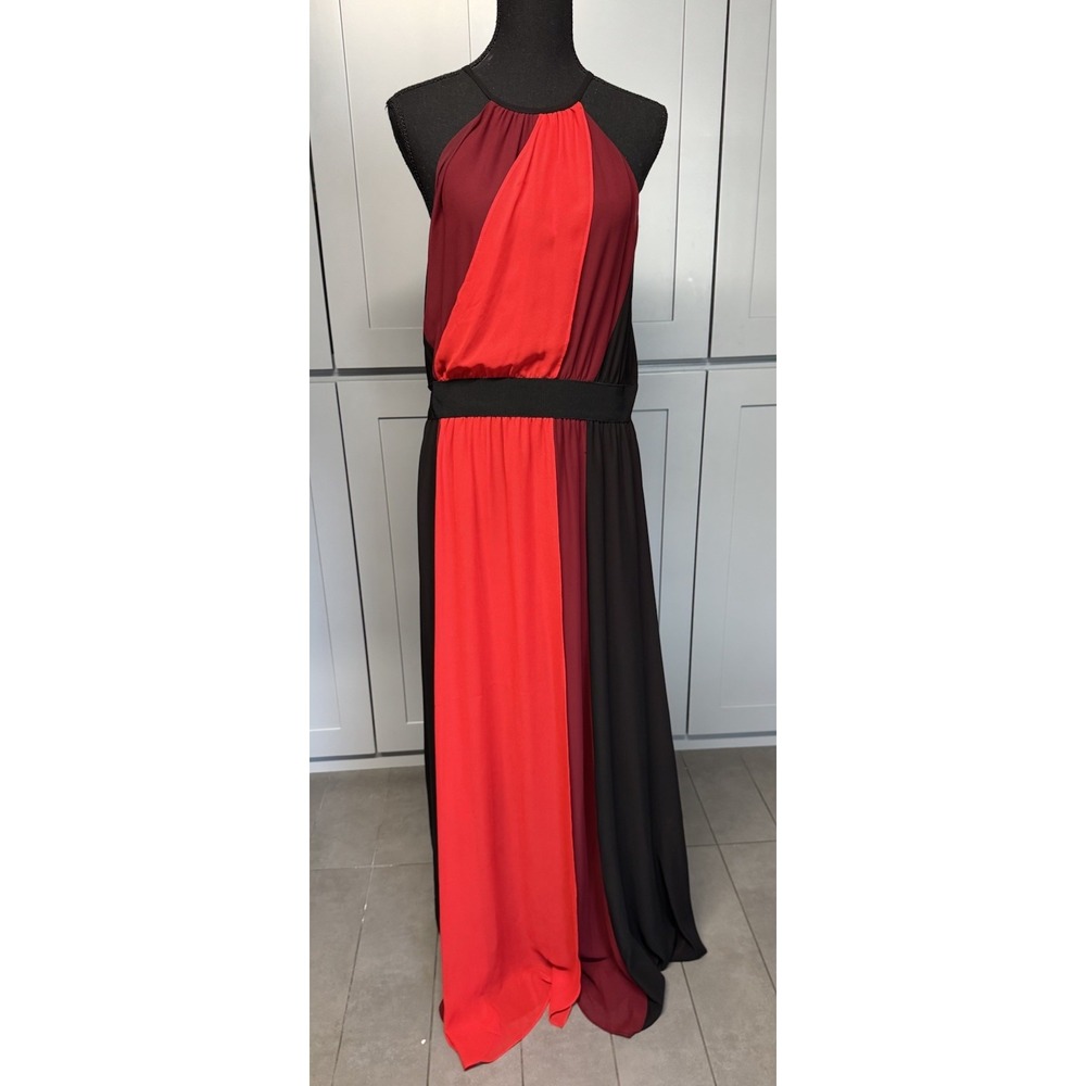 Eva Mendes Women Large Halter Maxi Dress‎ Black Red Flowy Chiffon A-line - Picture 2 of 12